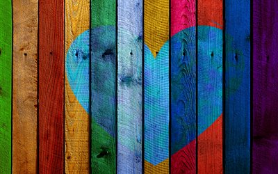 cuore astratto, 4k, tavole di legno verticali, concetti d'amore, creativo, sfondo con il cuore, strutture in legno, cuori, cuore di legno