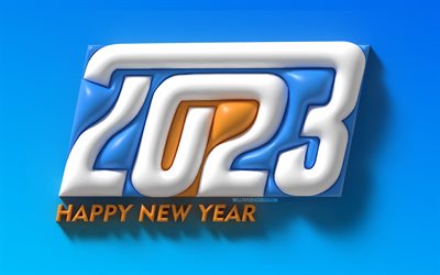2023 Happy New Year, 4k, colrful 3D digits, 2023 concepts, minimalism, creative, 2023 3D digits, Happy New Year 2023, 2023 blue background, 2023 year