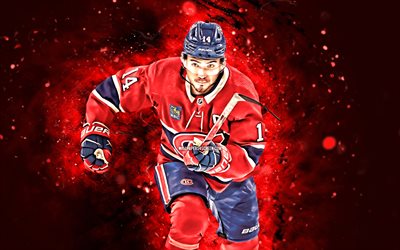 nick suzuki, 4k, 빨간 네온 조명, 몬트리올 캐나디언, nhl, 캐나다 하키 선수, nick suzuki 4k, 하키, 내셔널 하키 리그, 니콜라스 스즈키, nick suzuki montreal canadiens