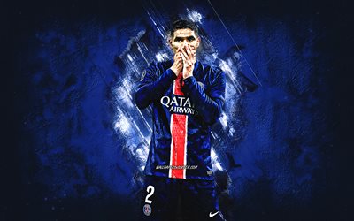 Achraf Hakimi, PSG, Moroccan footballer, blue stone background, Ligue 1, France, football, Paris Saint-Germain