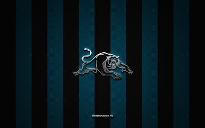 Penrith Panthers logo, Australian rugby team, National Rugby League, blue black carbon background, Penrith Panthers emblem, rugby, Penrith Panthers, Australia, Penrith Panthers metal logo