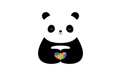 panda dei cartoni animati, 4k, minimo, animali da cartone animato, creativo, panda, sfondi bianchi, panda con il cuore, minimalismo del panda