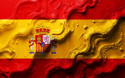 drapeau espagnol, 4k, texture des vagues de pierre, drapeau de l'espagne, drapeau de l'espagne 3d, europe, drapeaux des pays européens, espagne