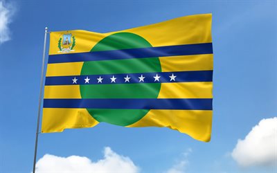 bolivarflagga på flaggstång, 4k, venezuelanska stater, blå himmel, bolivarflagg, wavy satinflaggor, bolivarflagga, stater i venezuela, flaggstång med flaggor, bolivar dag, venezuela, bolivar