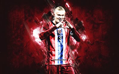 erling haaland, norge national football team, bourgogne stone bakgrund, grunge konst, norsk fotbollsspelare, norge, fotboll