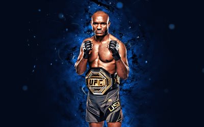 Kamaru Usman, 4k, blue neon lights, Welterweight division, UFC, american fighters, Kamaru Usman 4K, Ultimate Fighting Championship, Kamaru Usman with belt, Kamarudeen Usman, The Nigerian Nightmare, fighters