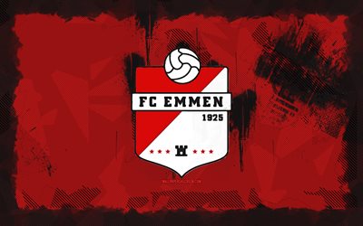 fc emmen grunge logosu, 4k, eredivisie, kırmızı grunge arka plan, futbol, fc emmen amblemi, fc emmen logosu, fc emmen, hollandalı futbol kulübü, emmen fc