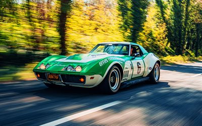 chevrolet corvette, 4k, autobahn, 1968 autos, sportwagen, bewegung unschärfe, 1968 chevrolet corvette, supersportwagen, chevrolet