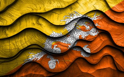 4k, bhutanin lippu, aasian maat, puiset 3d  aallon liput, bhutanin päivä, aaltoilevat silkkiliput, bhutanin puinen lippu, bhutanin kansalliset symbolit, bhutan