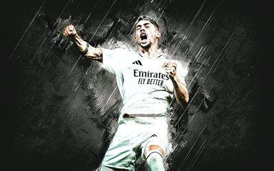 Federico Valverde, Real Madrid, white stone background, grunge art, Uruguayan football player, La Liga, Spain, football