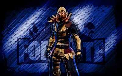 الذهب الغراب fortnite, 4k, خلفية قطرية زرقاء, فن الجرونج, فورتنايت, عمل فني, جلد الغراب الذهبي, شخصيات fortnite, الغراب الذهبي, جلد فورنيت الذهب الغراب