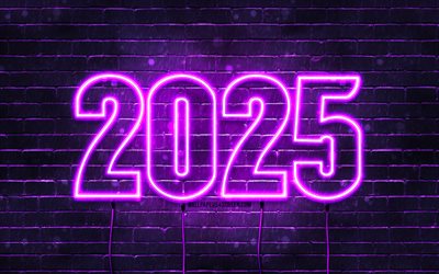 4k, Happy New Year 2025, violet brickwall, 2025 inscription, 2025 concepts, 2025 violet neon digits, 2025 Happy New Year, neon art, creative, 2025 violet background, 2025 year, 2025 violet digits