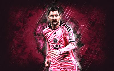 lionel messi, inter miami cf, calciatore argentino, sfondo di pietra rosa, mls, usa, grunge art, inter miami, lionel andres messi cuccittini