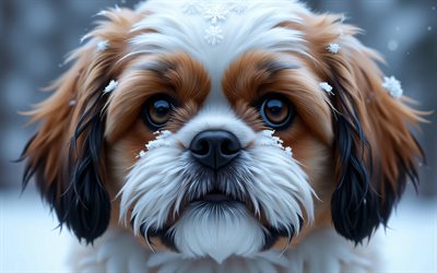 4k, شيه تزو, شتاء, خوخه, غابة, كلاب, كمامة, حيوانات لطيفة, حيوانات أليفة, كلب في الغابة, كلب شيه تزو