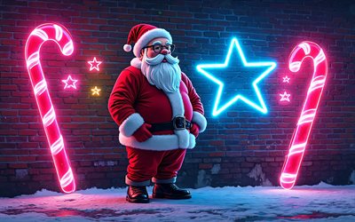 4k, papai noel, noite, arte 3d, rua, estrelas de néon, feliz ano novo, papai noel dos desenhos animados, doces, natal, parede de tijolos, fundo com papai noel, inverno