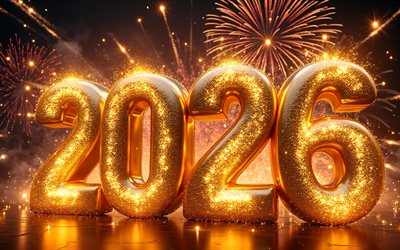 4k, 2026 kultaisia ​​3d numeroita, kultainen ilotulitus, yö, onnellista uutta vuotta, bokeh, 2026 konseptit, luova, 2026 3d numerot, 2026 kirjoitus, 2026 kultaista numeroa, 2026 uusi vuosi, 2026 taide