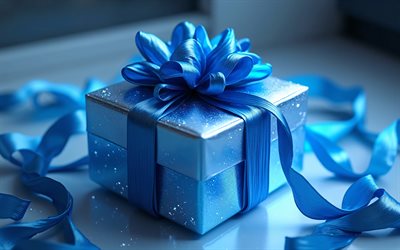青い光沢のあるギフト, 贈り物に青い絹のリボン, 青いギフトボックス, 贈り物にシルクのリボン, あけましておめでとう, 青い絹の弓, ギフト
