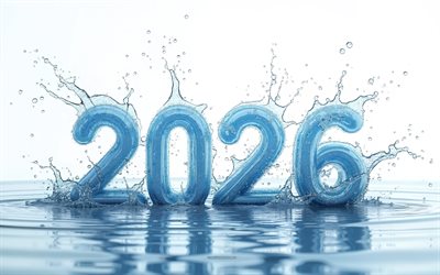 2026 Happy New Year, 4k, 2026 numbers out of water, Happy New Year 2026, 3D water 2026 numbers, 2026 concepts, water splashes, 2026 water concepts
