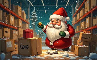 4k, papai noel, publicar, caixas de correio, armazém de encomendas, feliz ano novo, arte dos desenhos animados, fundo com papai noel, papai noel com pacotes