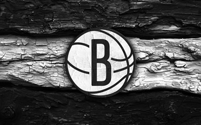 Brooklyn Nets wooden logo, 4k, black white wooden background, NBA, basketball, Brooklyn Nets logo, Brooklyn Nets emblem, american basketball team, Brooklyn Nets