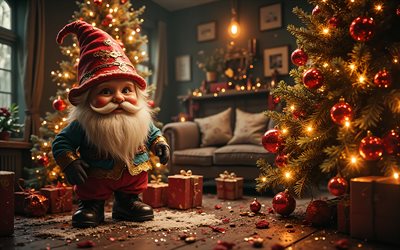 gnomo de natal, 4k, feliz ano novo, árvore de natal, bolas de natal vermelhas, gnomo fofo, personagens de contos de fadas, gnomos