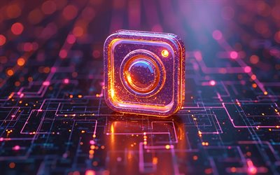 4k, Instagram glitter logo, creative, colorful hi-tech background, microcircuits, conductors, social networks, bokeh, Instagram logo on microcircuit, brands, Instagram 3D logo, artwork, Instagram logo, Instagram
