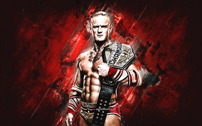 Ilja Dragunov, WWE, German wrestler, red stone background, Ilja Dragunov with a belt, grunge art, USA, wrestling, Ilja Dragunov WWE, World Wrestling Entertainment