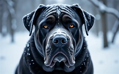 4k, canne corso, hiver, bokeh, forêt, chiens, museau, animaux mignons, animaux de compagnie, chien en forêt, chien cane corso