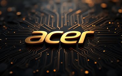 goldenes acer logo, 4k, dunkelgoldener technologiehintergrund, acer emblem, acer 3d logo, acer grünes schild, dunkelgoldenes motherboard, acer zeichen, acer logo, acer