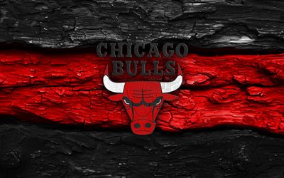logo in legno dei chicago bulls, 4k, fondo di legno rosso nero, nba, pallacanestro, logo dei chicago bulls, emblema dei chicago bulls, squadra di basket americana, chicago bulls