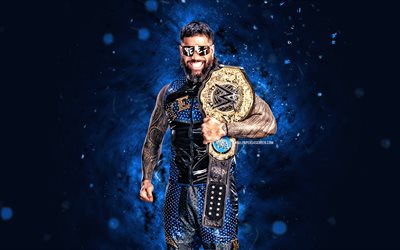 जय उसो, 4k, नीली नीयन रोशनी, डब्ल्यूडब्ल्यूई, रचनात्मक, अमेरिकी पहलवान, जोशुआ सैमुअल फातू, जे उसो बेल्ट के साथ, नीली अमूर्त पृष्ठभूमि, विश्व कुश्ती मनोरंजन, पहलवानों, जे उसो 4k