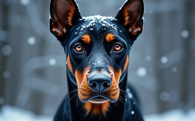 4k, Dobermann, winter, bokeh, forest, dogs, muzzle, cute animals, pets, dog in forest, Dobermann Dog