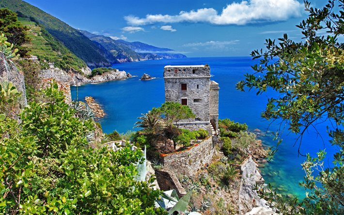Italia, mar, costa, verano, montaña, Monterosso al Mare, Liguria