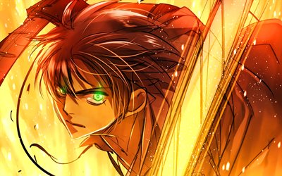 エレン・イーガー, 火の炎, shingeki no kyojin, 日本の漫画, 剣, 進撃の巨人, アニメキャラクター, 主人公, タイタンのキャラクターへの攻撃, タイタンに対するエレン・イーガーの攻撃, 緑の目