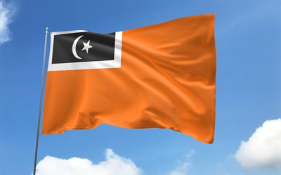hulu terengganu district flag على سارية العلم, 4k, تيرينغانو, المناطق الماليزية, السماء الزرقاء, علم منطقة هولو تيرينغانو, أعلام الساتان المتموج, علم منطقة هولو ترينغانو, مناطق ماليزيا, يوم hulu terengganu district, ماليزيا, منطقة هولو ترينغانو