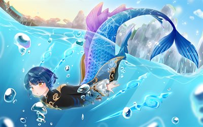 xingqiu, 4k, マーメイド, genshin impact, 水中, アニメキャラクター, アートワーク, genshinはキャラクターに影響を与えます, xingqiu genshin impact