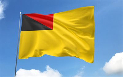 علم negeri sembilan على سارية العلم, 4k, الدول الماليزية, السماء الزرقاء, علم نيجيري سيمبيلان, أعلام الساتان المتموج, دول ماليزيا, سارية العلم مع الأعلام, يوم negeri sembilan, ماليزيا, نيجيري سيمبيلان