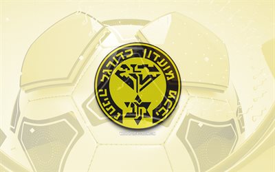 Maccabi Netanya glossy logo, 4K, yellow football background, Ligat HaAl, soccer, Israeli football club, Maccabi Netanya emblem, Maccabi Netanya, football, Israeli Premier League, Maccabi Netanya logo, Maccabi Netanya FC
