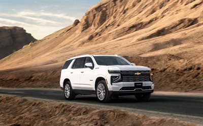 シボレータホ, 4k, 山, 2025車, cn spec, suv, 白いシボレータホ, 砂丘, 2025シボレータホ, アメリカの車, シボレー