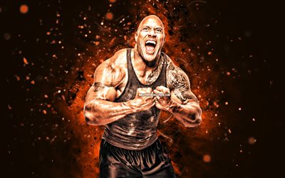 dwayne johnson, 4k, luci al neon arancione, attori americani, hollywood, uomo arrabbiato, star del cinema, dwayne douglas johnson, attori popolari, superstar, la roccia, celebrità americana, dwayne johnson 4k