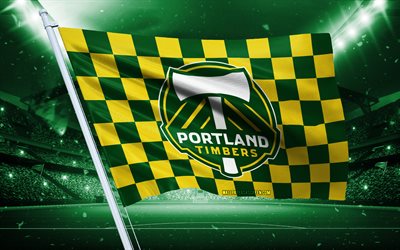 4k, Portland Timbers logo, American football club, stadium flag, Portland Timbers fans flag, green yellow flag, Portland Timbers emblem, MLS, USA, soccer, football, Portland Timbers