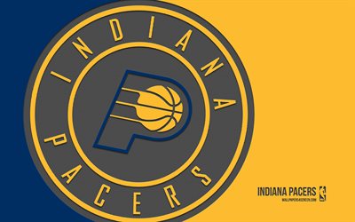 indiana pacers logo, 4k, gelbblauer hintergrund, kohlenstoffkunst, indiana pacers emblem, amerikanischer basketballclub, nba, usa, indiana pacers, basketball