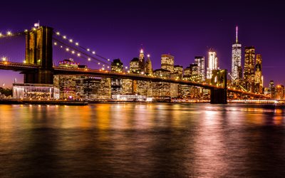 4k, ブルックリン橋, citylights, ナイトスケープ, 街並み, nyc, アメリカ合衆国, アメリカの都市, ニューヨーク市, ニューヨークシティスケープ, 夜のブルックリン橋