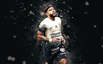 4k, memphis depay, sfondo astratto nero, corinzi fc, serie brasiliana a, calciatori olandesi, memphis depay 4k, calcio, corinzi, luci al neon bianca, sc corinthians paulista, memphis depay corinthians
