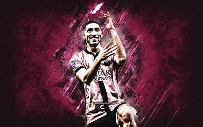 Achraf Hakimi, PSG, Moroccan football player, pink stone background, grunge art, Paris Saint-Germain, Ligue 1, France, football, Hakimi PSG