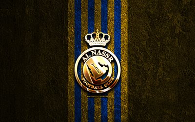 al nassr fc golden logo, 4k, mavi taş arka plan, suudi profesyonel ligi, suudi futbol kulübü, al nassr fc logosu, futbol, al nassr fc amblemi, al nassr fc, al nass fc, al nassr