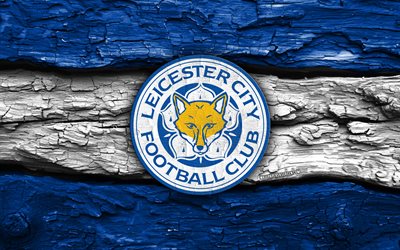 レスターシティfcの木製ロゴ, 4k, 青白い木製の背景, チャンピオンシップ, サッカー, レスター・シティfcのロゴ, フットボール, レスター・シティfcのエンブレム, レスター・シティfc, イングランドのフットボールクラブ, レスターシティ