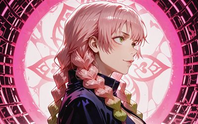 4k, Mitsuri Kanroji, artwork, pink abstract background, Demon Slayer, protagonist, pink hair, Demon Slayer Kimetsu no Yaiba, manga, Kanroji Mitsuri, Demon Hunter, Mitsuri Kanroji Kimetsu no Yaiba