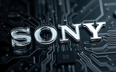 logo en verre sony, 4k, fond de technologie noir, emblème sony, logo 3d doré sony, signe sony, carte mère noire, panneau en verre sony, logo sony, sony