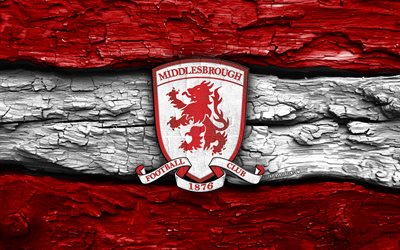 holzlogo des fc middlesbrough, 4k, rot weißer holzhintergrund, meisterschaft, fußball, logo des fc middlesbrough, emblem des fc middlesbrough, middlesbrough fc, englischer fußballverein, fc middlesbrough